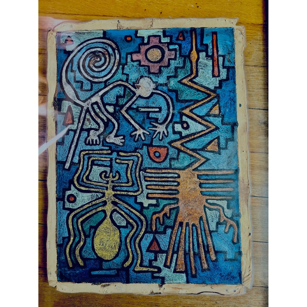 Peruvian Leather Folk Art Framed Paracas Nazca Style Cusco Painting 21x17 - Picture 5 of 17